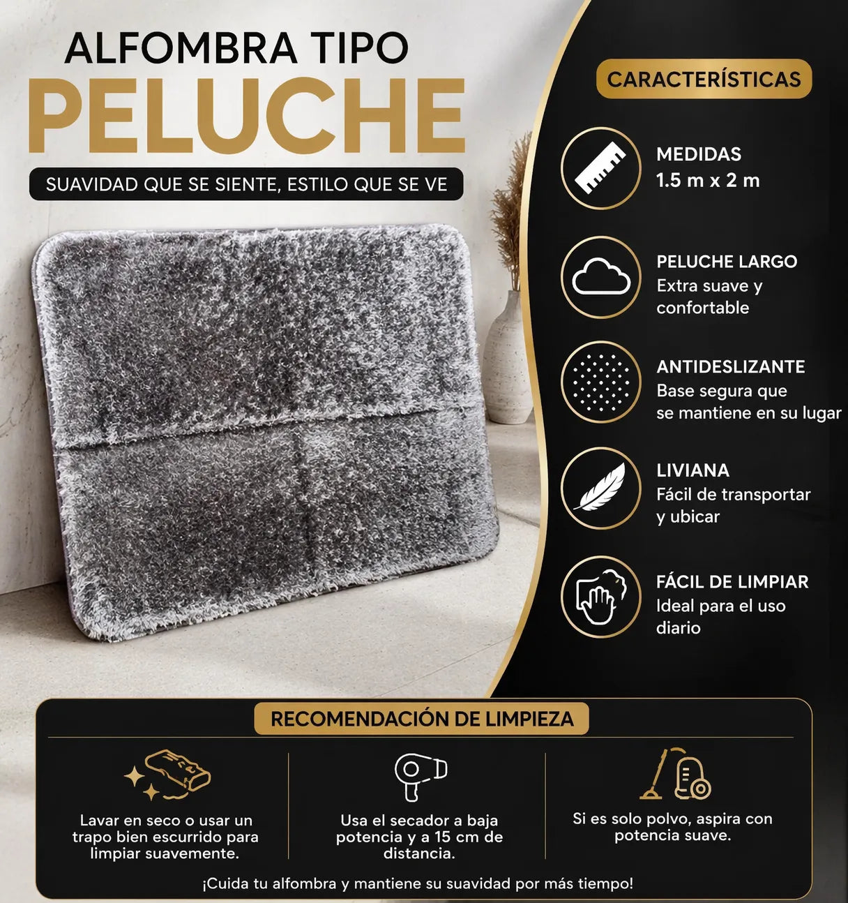 Tapete peludo grande antideslizante ideal para sala o habitación